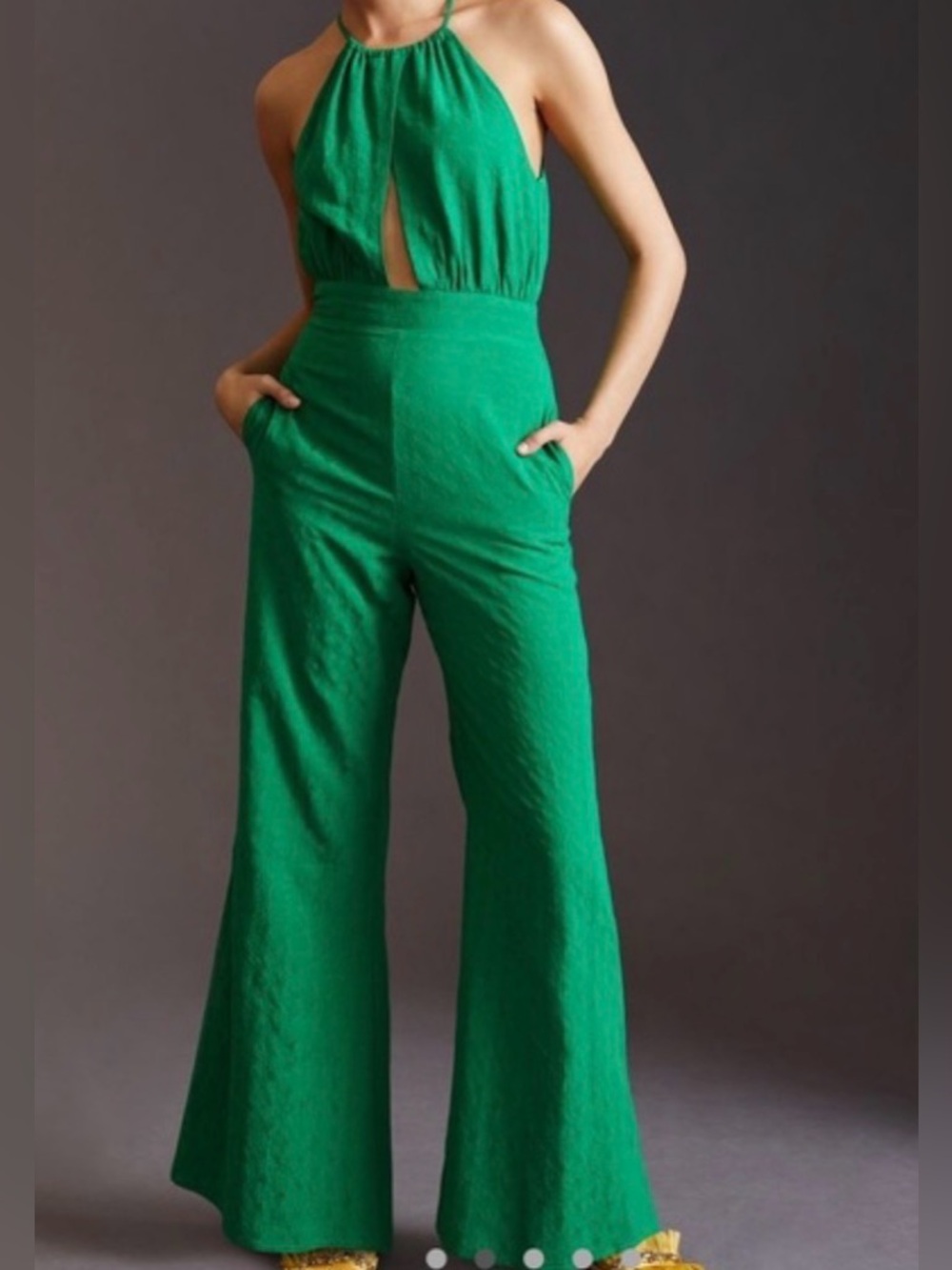 If By Sea Anthropologie Green Halter Jumpsuit with Wide Leg